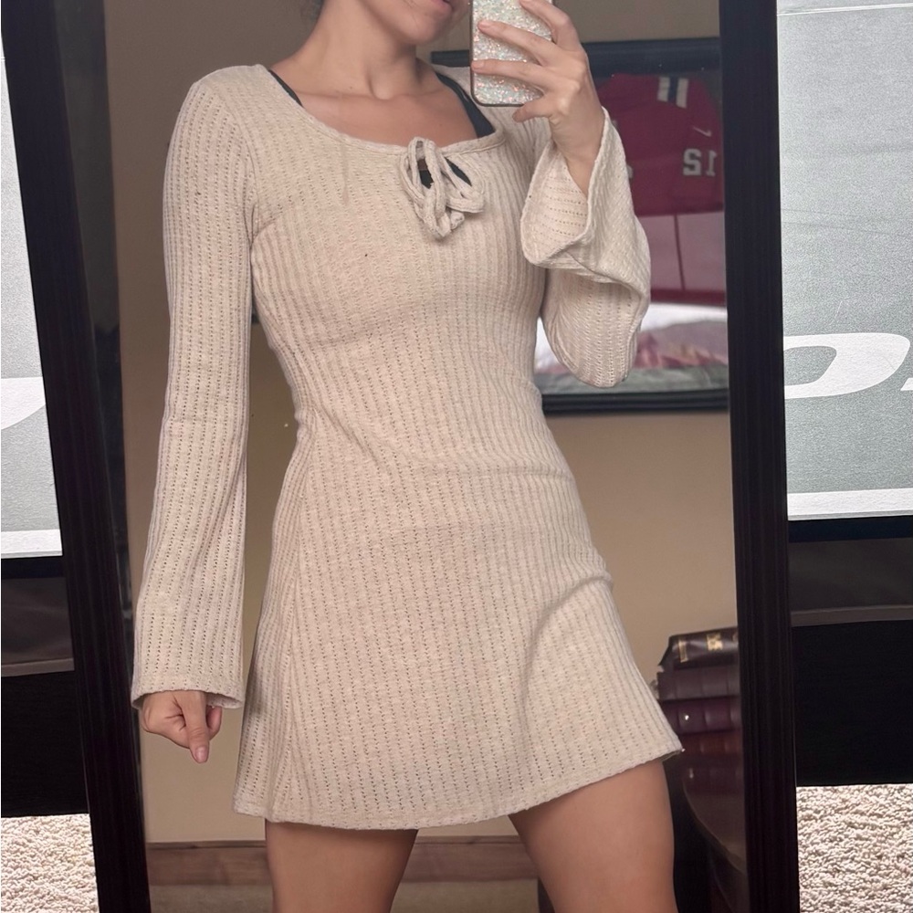 See You Monday Cream Ribbed Tie Front Dress
